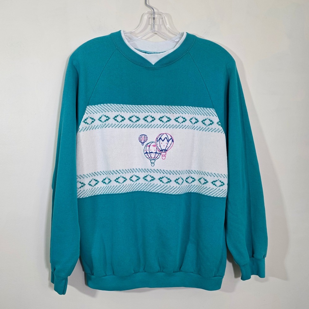Great Lakes Women Sweatshirt Hot Air Balloon Knit Insert Vintage Teal Size Large